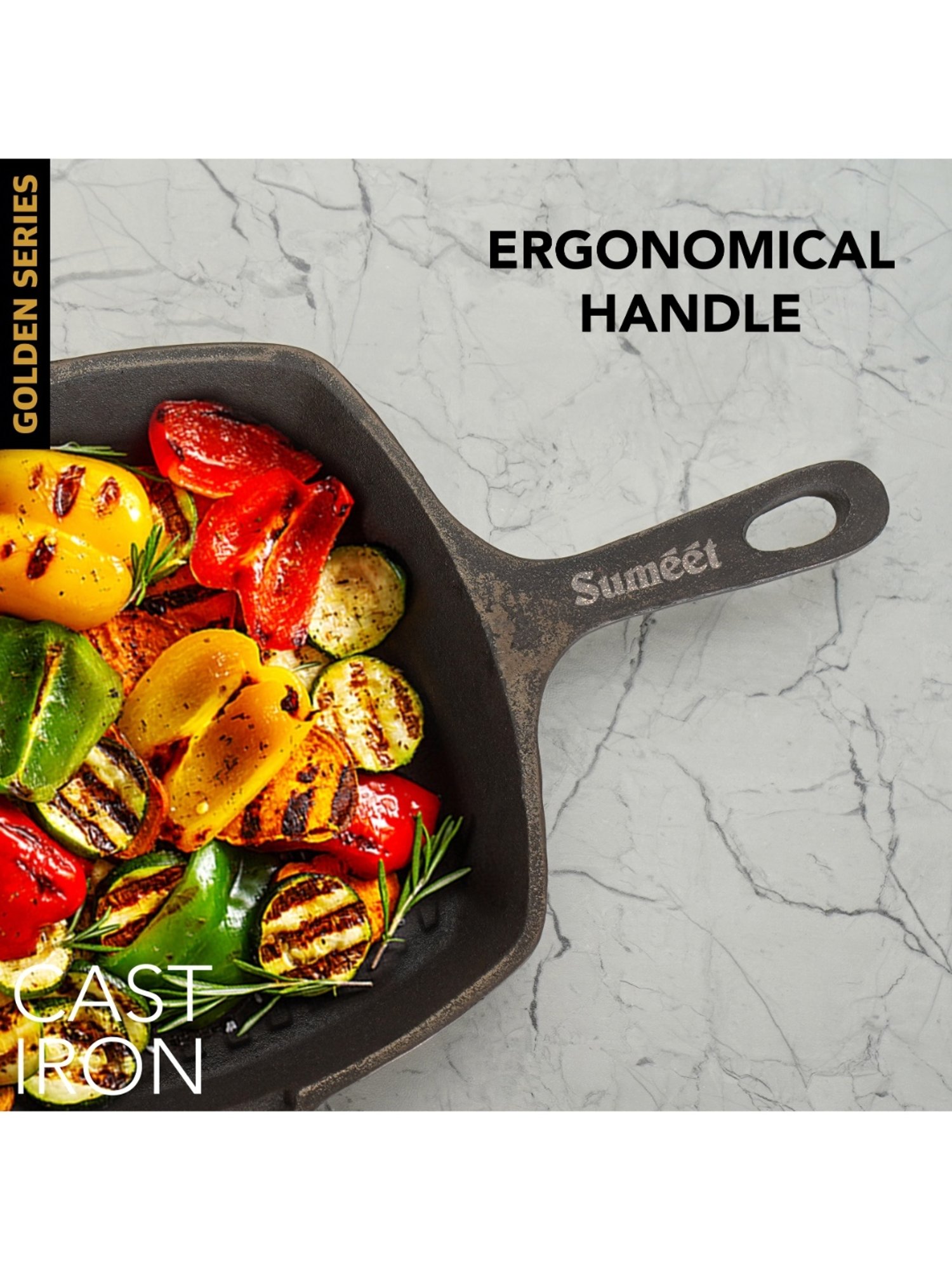 Sumeet Gold Pre Seasoned Cast Iron Grill Pan for Grill/Roast-28cm,3.180kg,Gas&Induction-Friendly