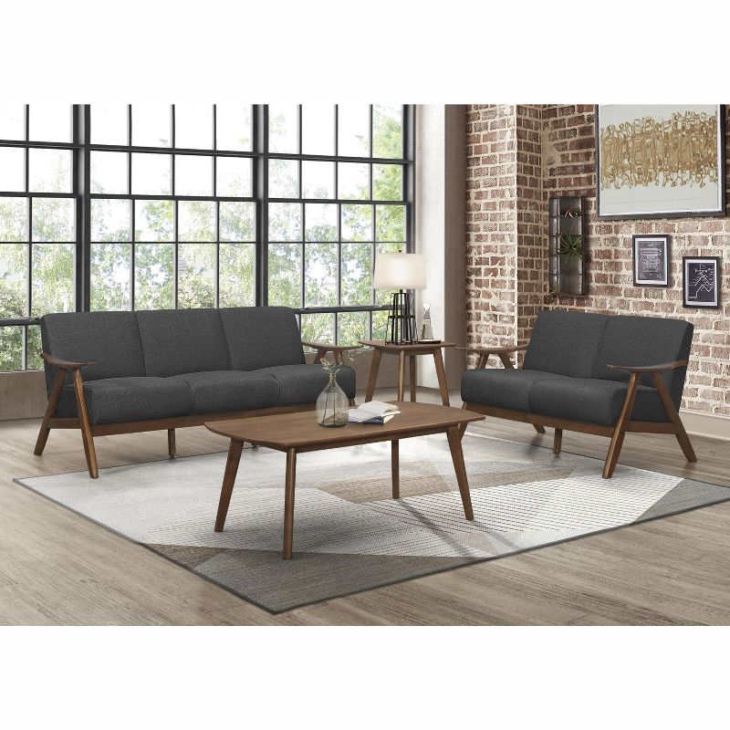 Lexicon 1138DG-3 Damala Collection Retro Inspired 3 Seat Living Room Sofa Couch, Polyester Fabric, Walnut Frame, Dark Gray