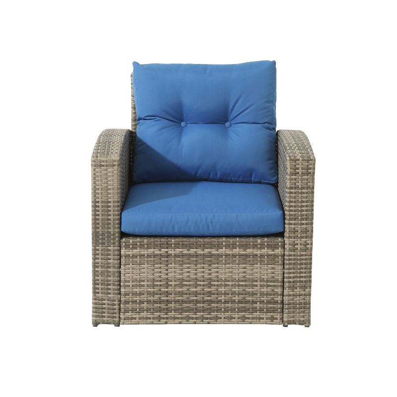 6pc Wicker Rattan Patio Sofa Set with Blue Cushions - Accent Furniture