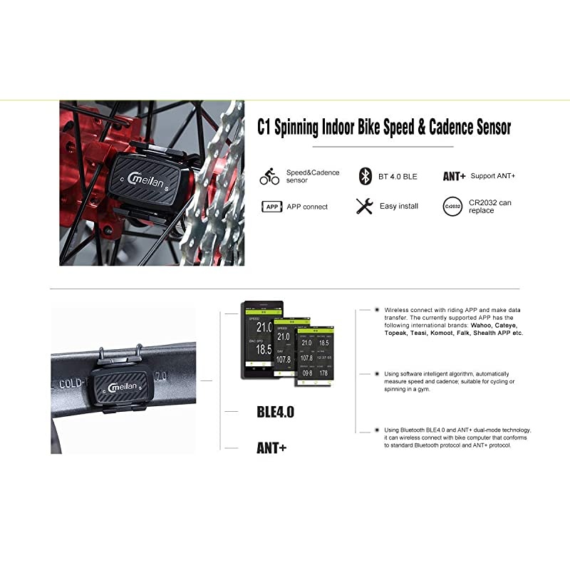 C1 Speed & Cadence Sensor - No Magnets Required - Connects to Bike Computers, Speedometers, Smart Trainers and Apps That use Bluetooth 4.0 BLE & ANT+ Techonolgy, Black