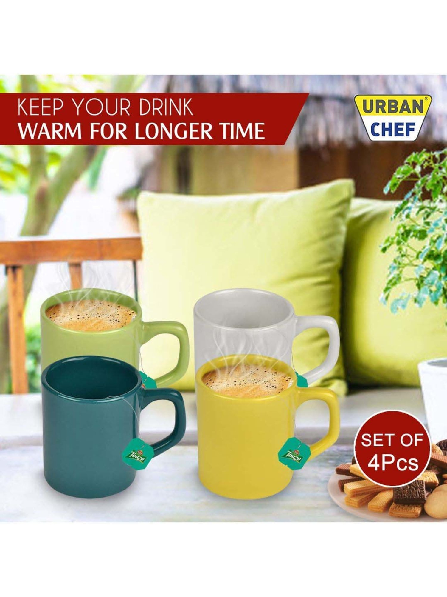 Urban Chef Multicolor Ceramic Droite Handcrafted Microwave Safe Cup - Set of 4