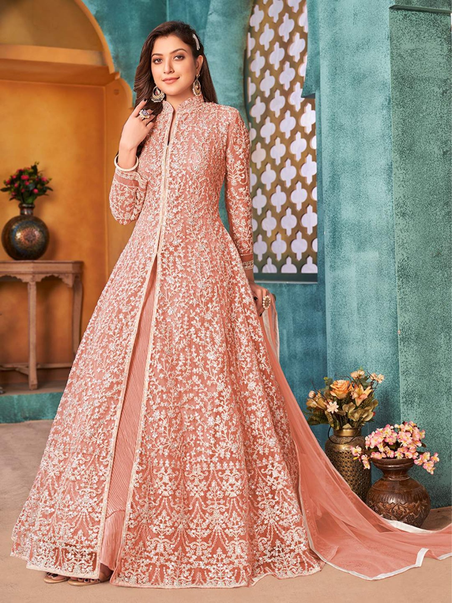 Odette Peach Embroidered Unstitched Dress Material