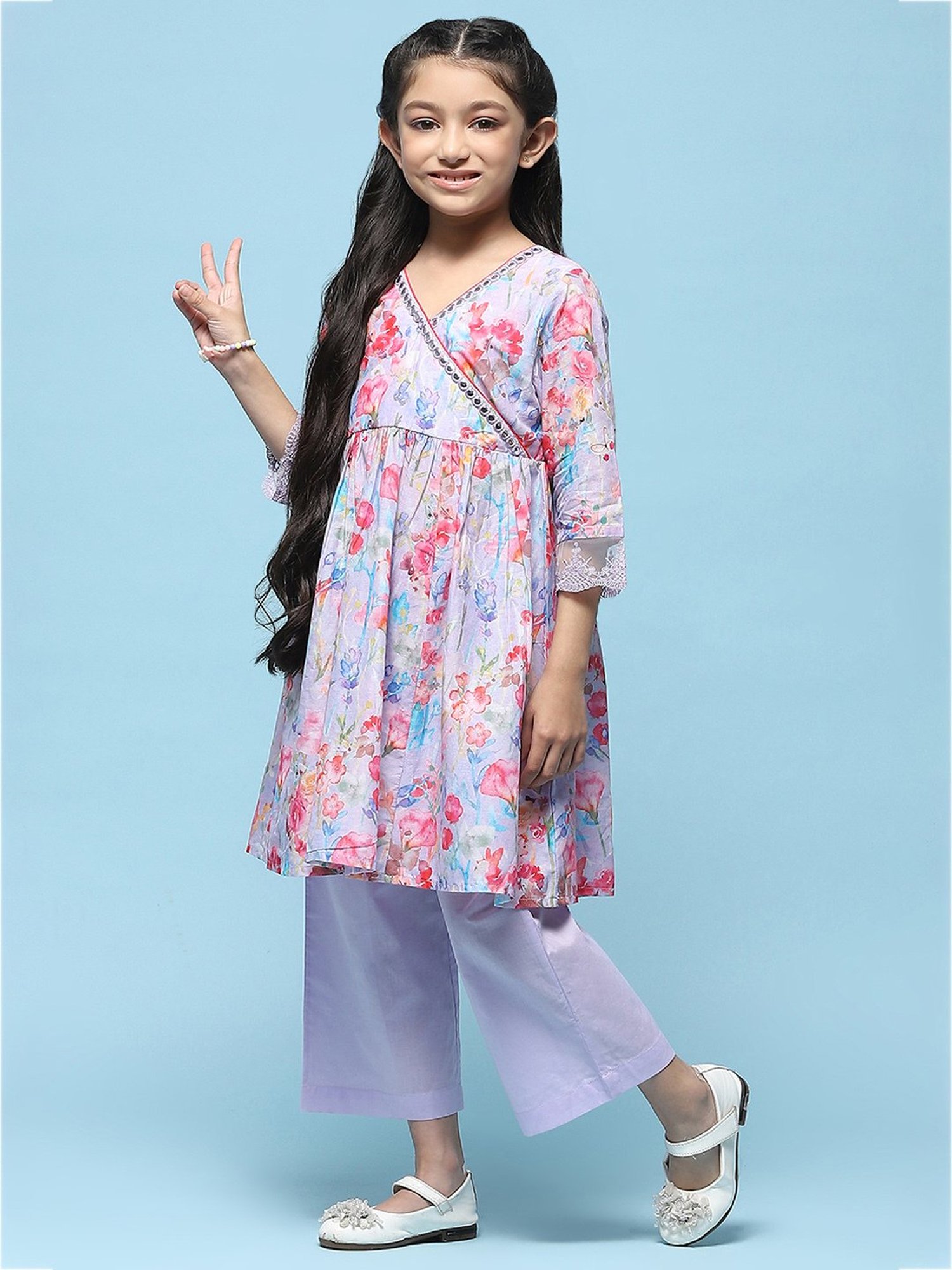 BIBA Girls Purple Floral Print Kurta with Pants