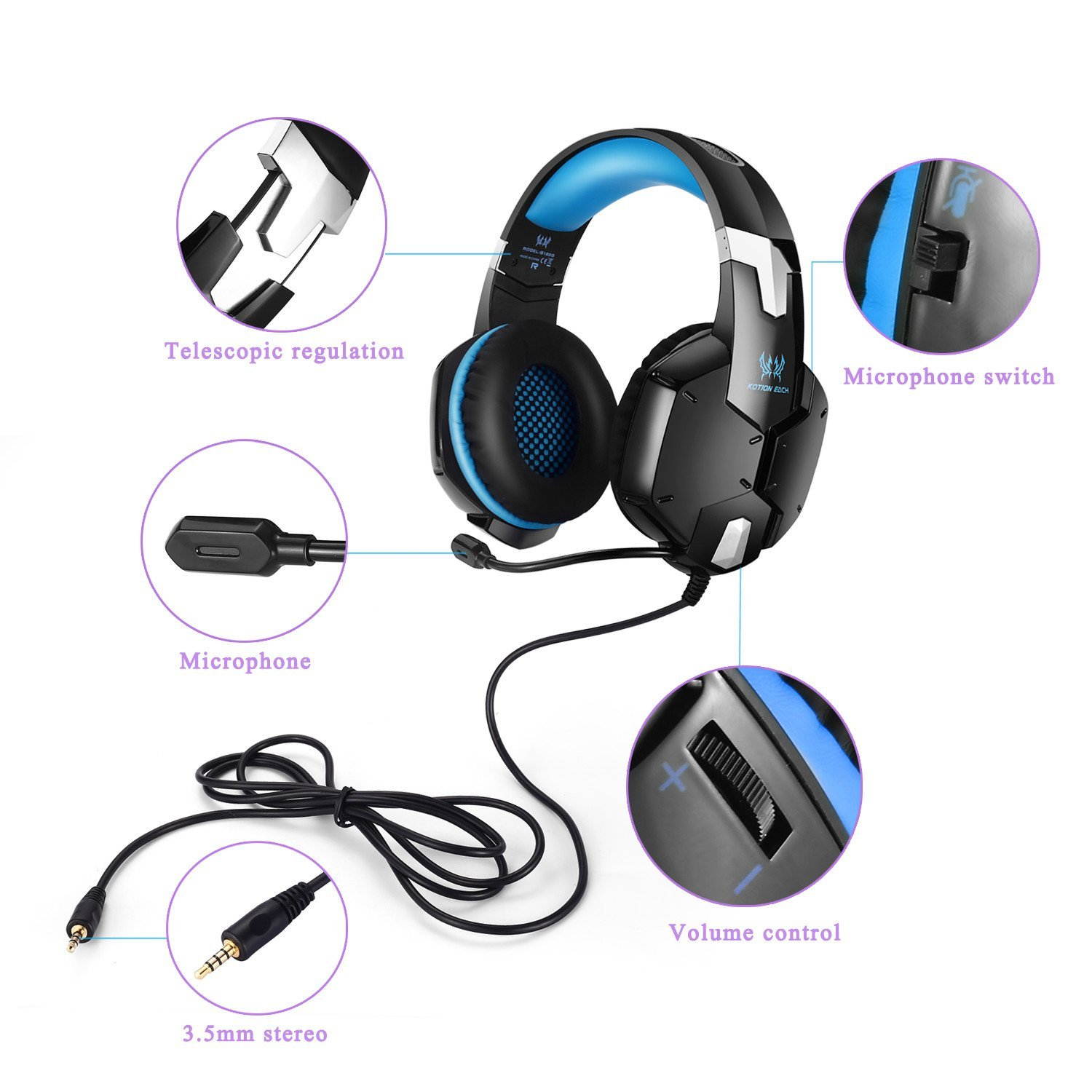 KZON G1200 Gaming Headset for PS4, Professional 3.5mm PC Stereo Headphones with Mic, Comfortable Bass Headband with Integrated Microphone for PS4 PC Computer Laptop Smartphones,