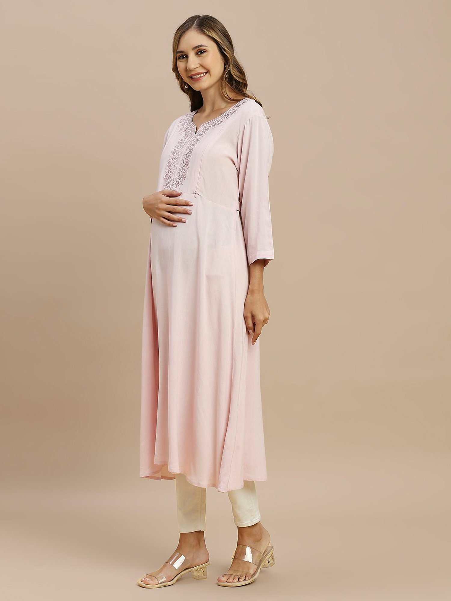 MomToBe Pink Embroidered Maternity Kurti