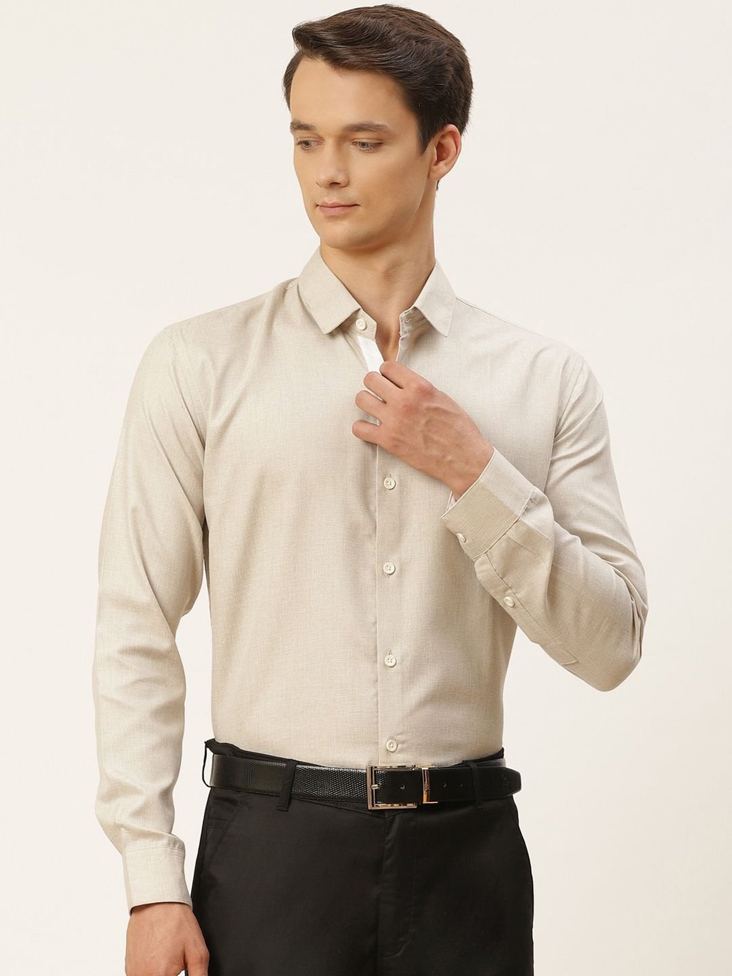 Sojanya Beige Cotton Linen Regular Fit Self Pattern Shirt