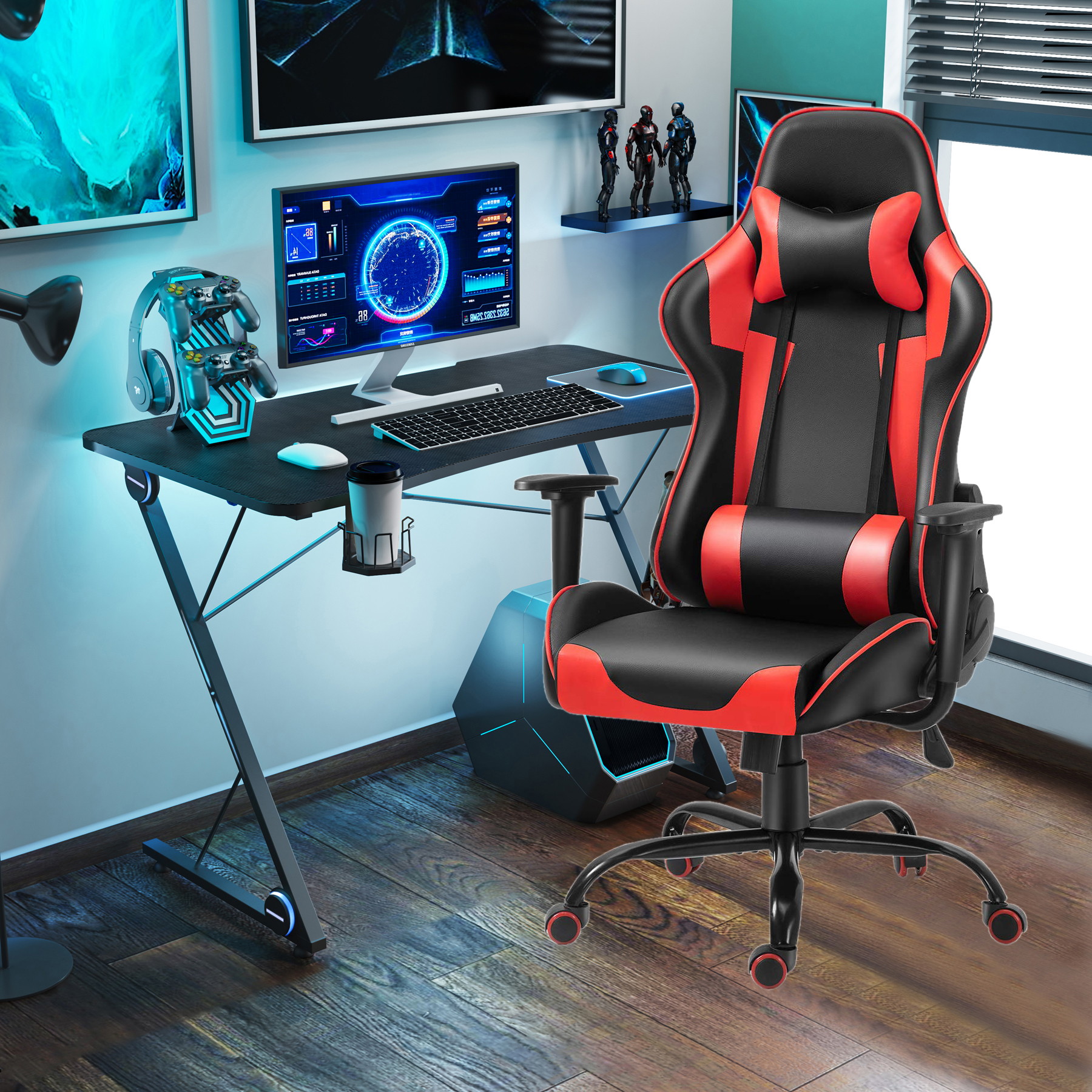 43.3 Inch Gaming Desk with High Back Red PU Leather Gaming Chair Ergonomic Home Office Desk and Chair Set Z-Shaped E-Sport Gamer Workstation with LED Lights Carbon Fiber Surface and Cup Holder