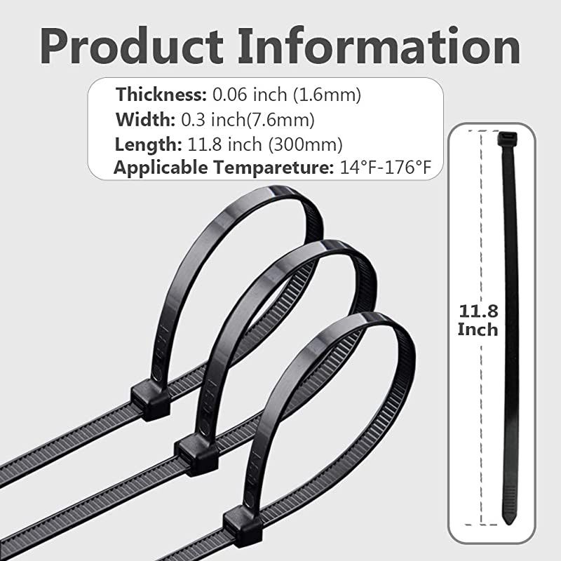 Ties Heavy Duty 12 Inch Actual 118 Inch Cable Ties Black Tie 200 Packs Wire Ties 120LB Tensile Strength UV Resistant PA66 Nylon ties 03 inch Wide and 006 Inch Thick