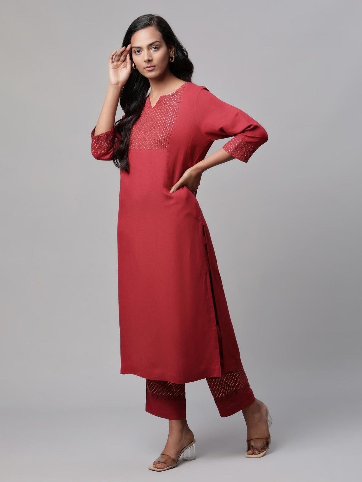 Linen Club Women Maroon Embellished Kurta