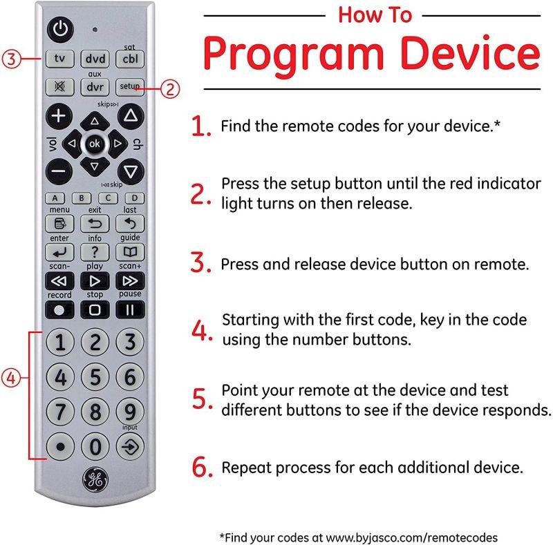 GE Big Button Universal Remote Control for Samsung, Vizio, Lg, Sony, Sharp, Roku, Apple TV, TCL, Panasonic, Smart TVs, Streaming Players, Blu-Ray, DVD, 4-Device, Silver, 34931