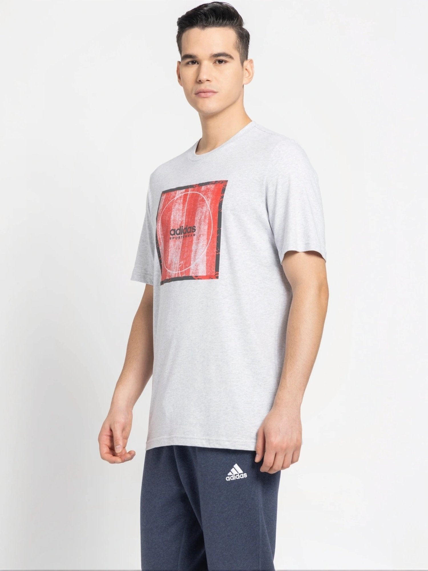 Adidas Grey Cotton Regular Fit Printed T-Shirt