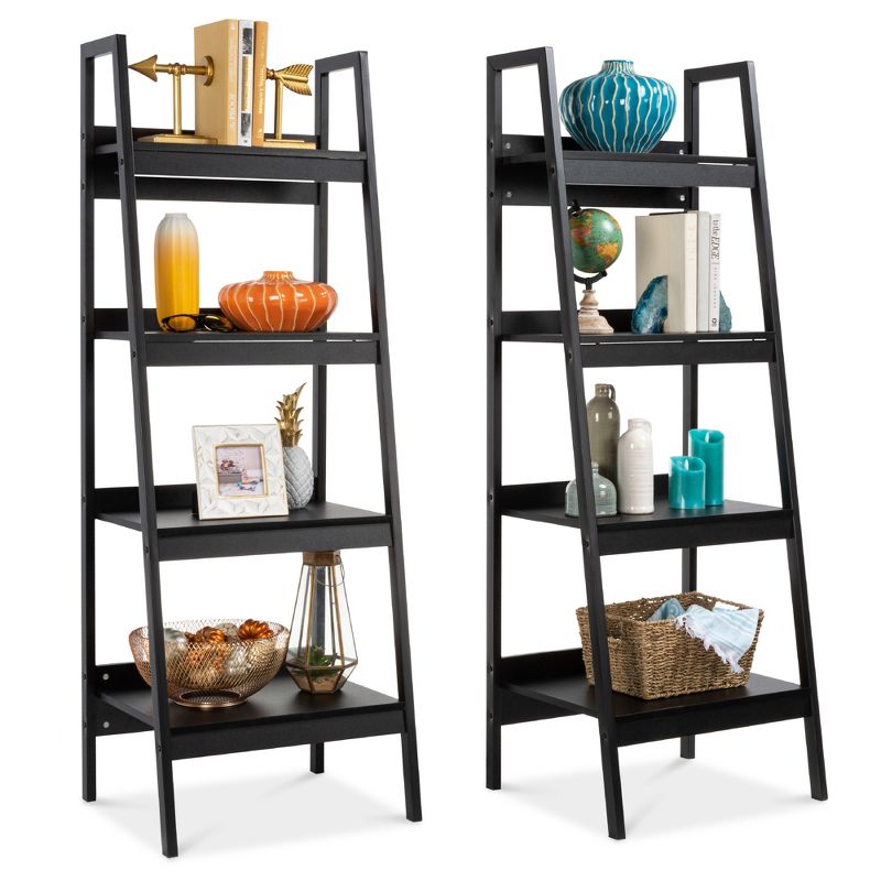 Best Choice Products Set of 2 Wooden 4-Shelf Open Ladder Bookcase Storage Display Organizers w/ Metal Framing - Black