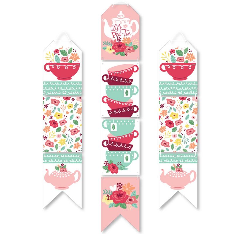 Big Dot of Happiness Floral Let's Par-Tea - Hanging Vertical Paper Door Banners - Garden Tea Party Wall Decoration Kit - Indoor Door Decor