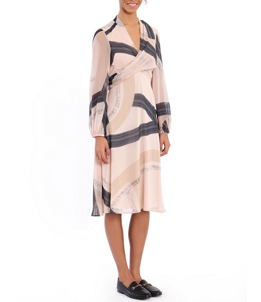 London Times Long Sleeve Criss Cross Tie Back A-Line Dress