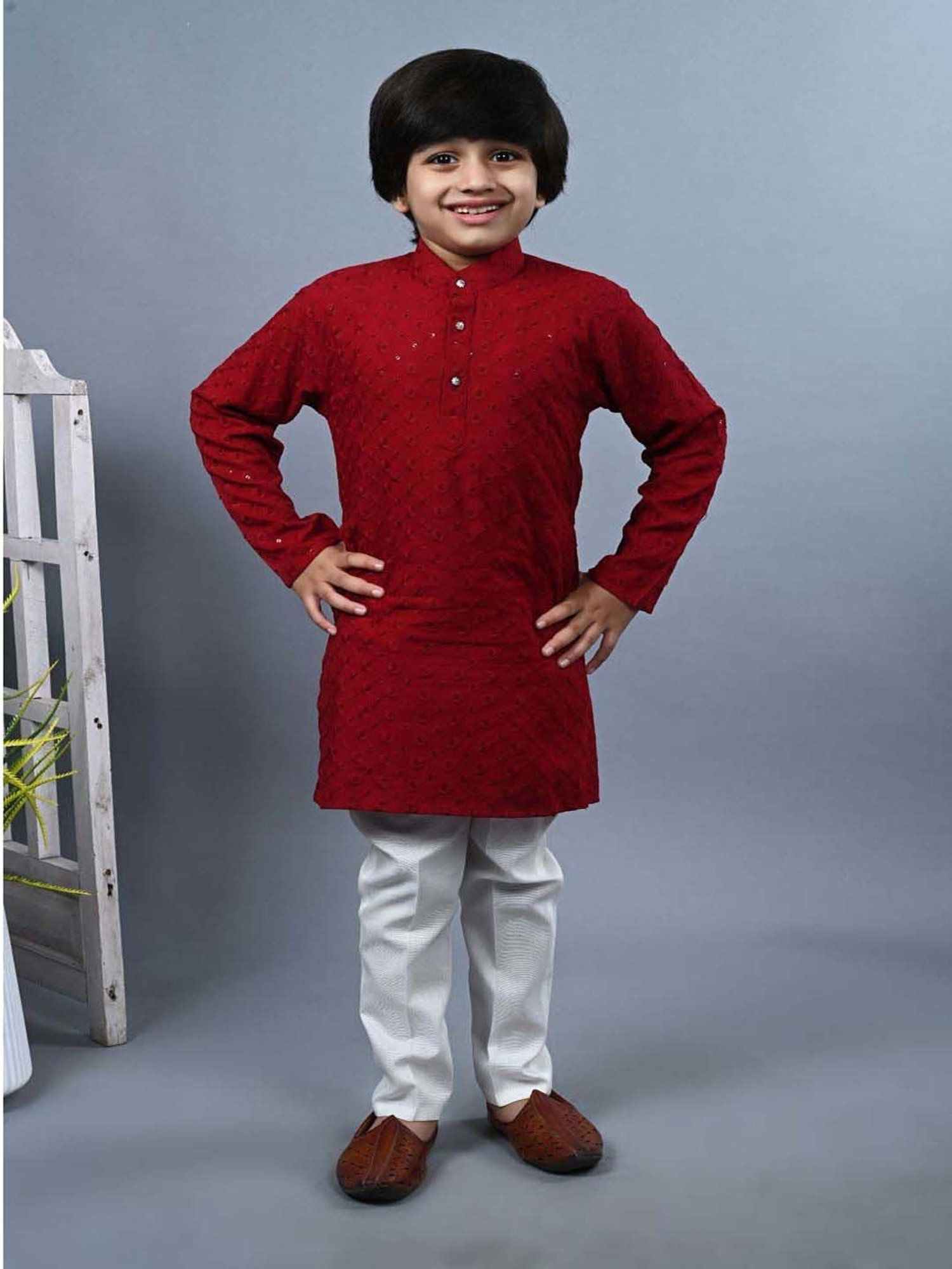 Ahhaaaa Kids Red & White Cotton Embroidered Full Sleeves Kurta Set