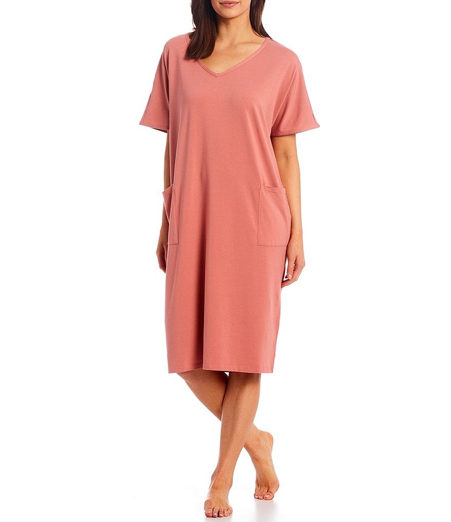 Kate Landry Solid Knit V-Neck Short Sleeve Midi Lounge Dress