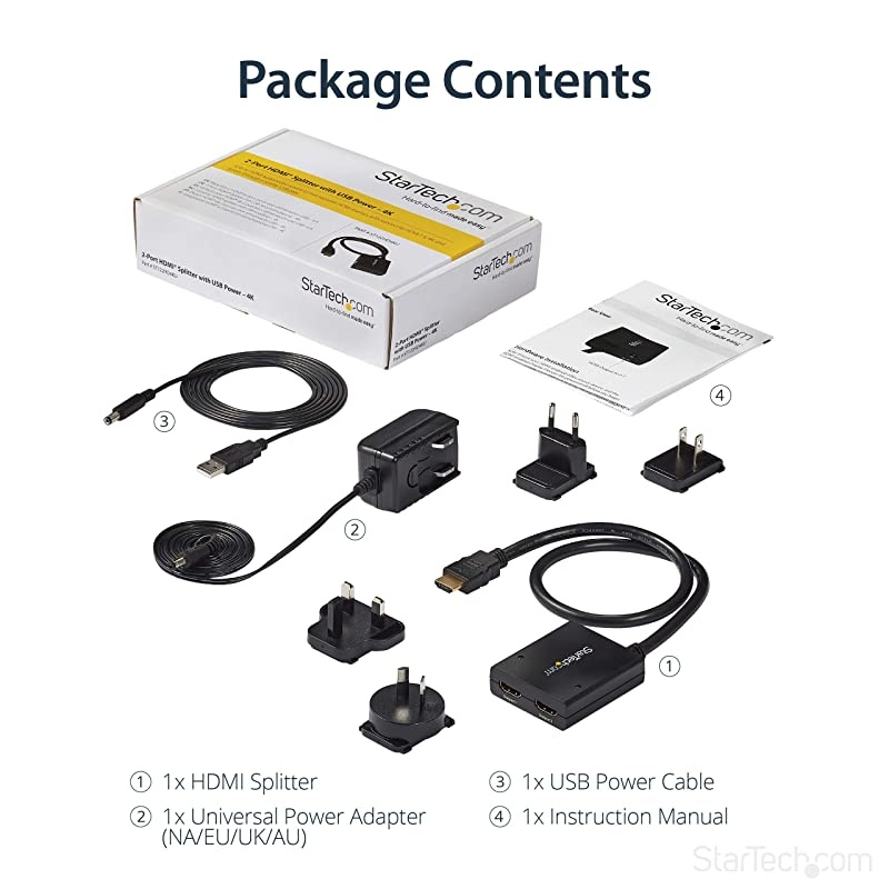 com 4K HDMI Splitter 1 In 2 Out - 4K 30Hz HDMI 1.4 2 Port Video Splitter Box -with high speed HDMI cable, USB power cable - Black (ST122HD4KU)