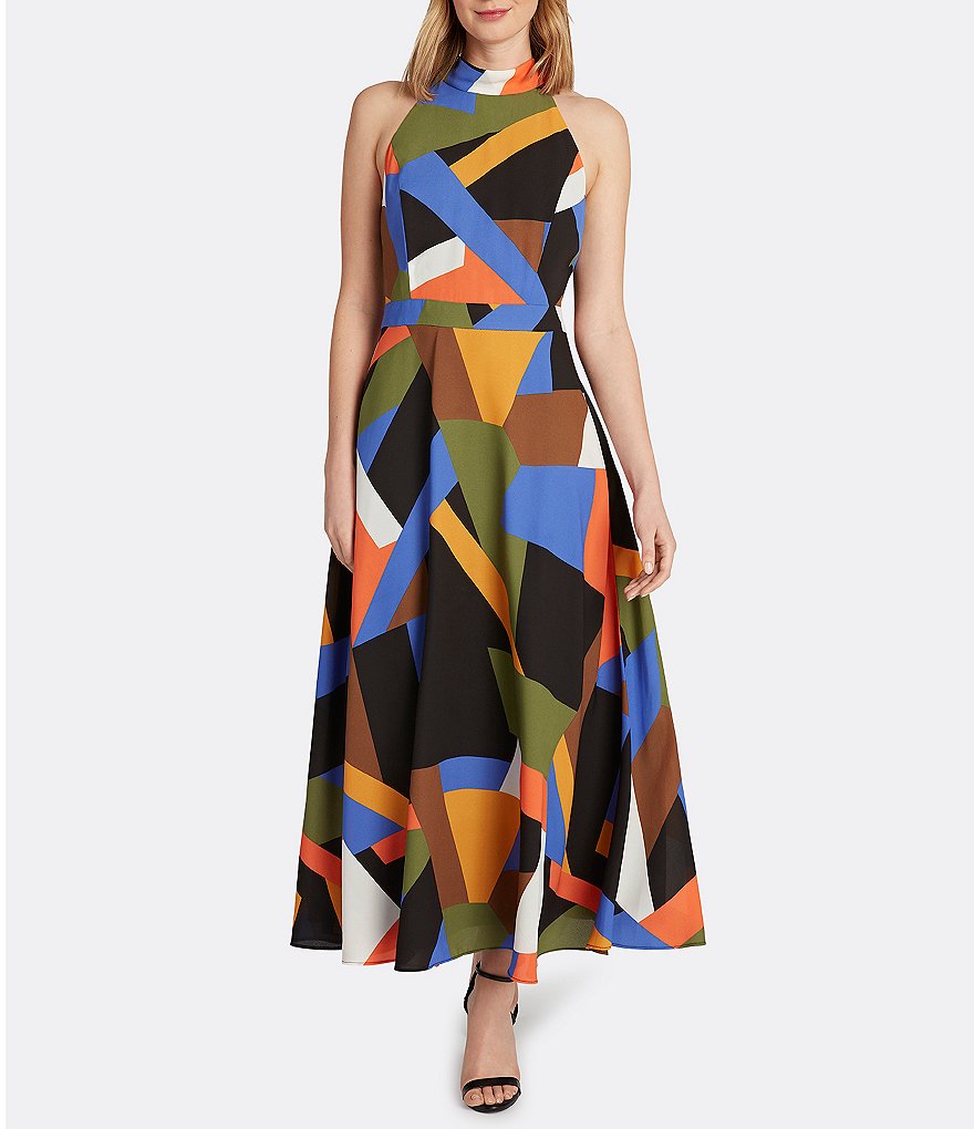 Tahari ASL Halter Geo Print Sleeveless Midi Dress