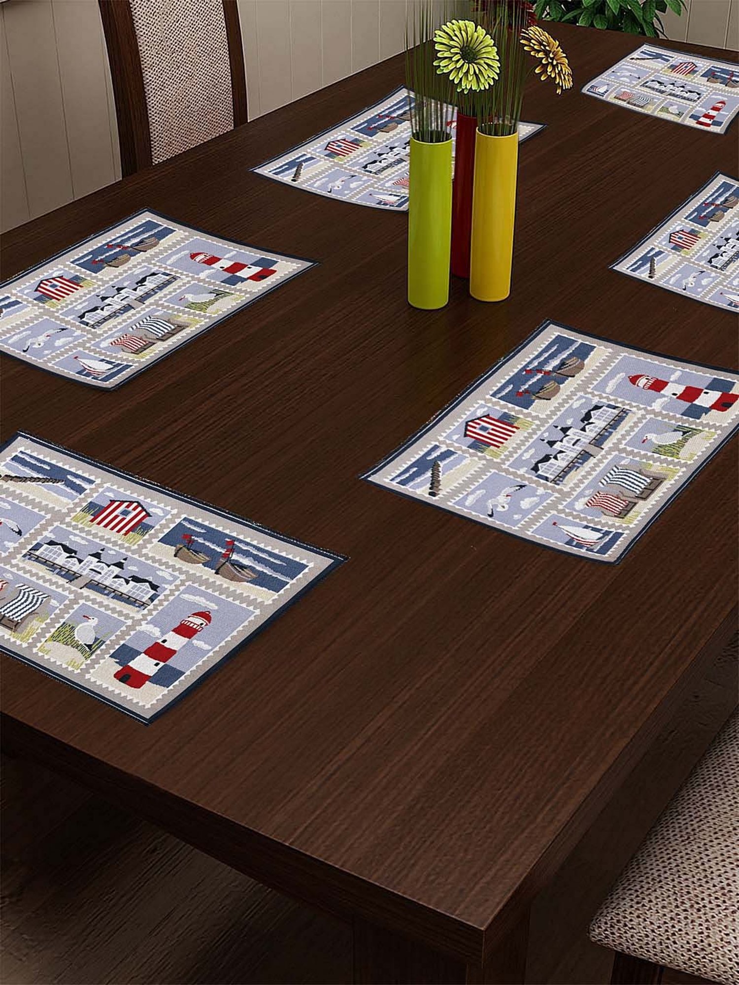 Klotthe Brown & Blue Cotton 180 TC Placemats - Set of 6