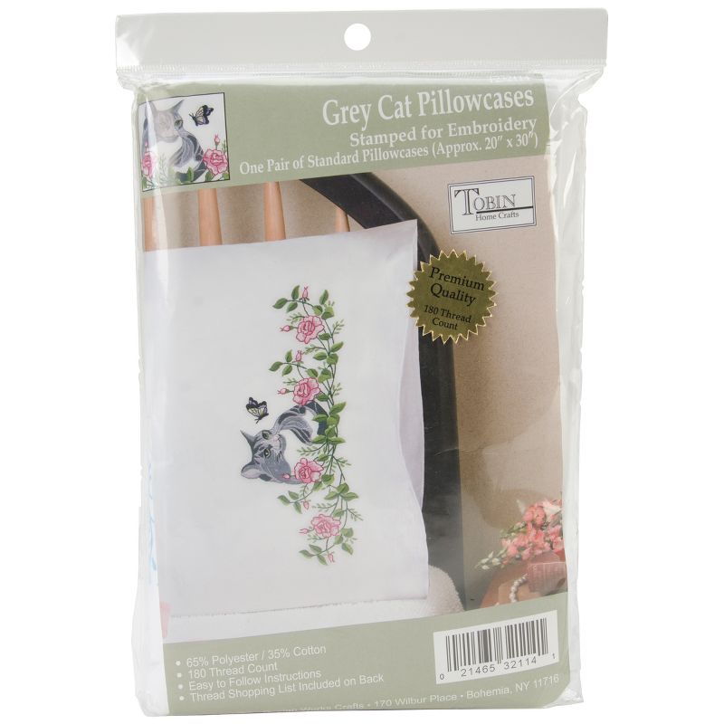 Tobin Stamped For Embroidery Pillowcase Pair 20"X30"-Grey Cat