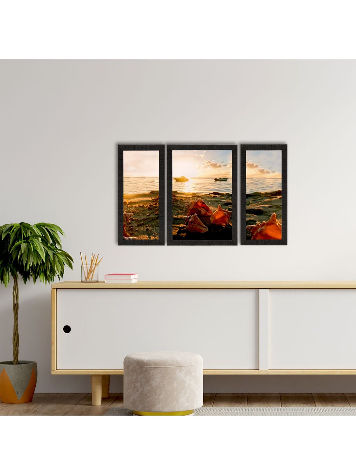 eCraftIndia Set of 3 Beautiful Beach View Satin Matt Texture UV Art Painting