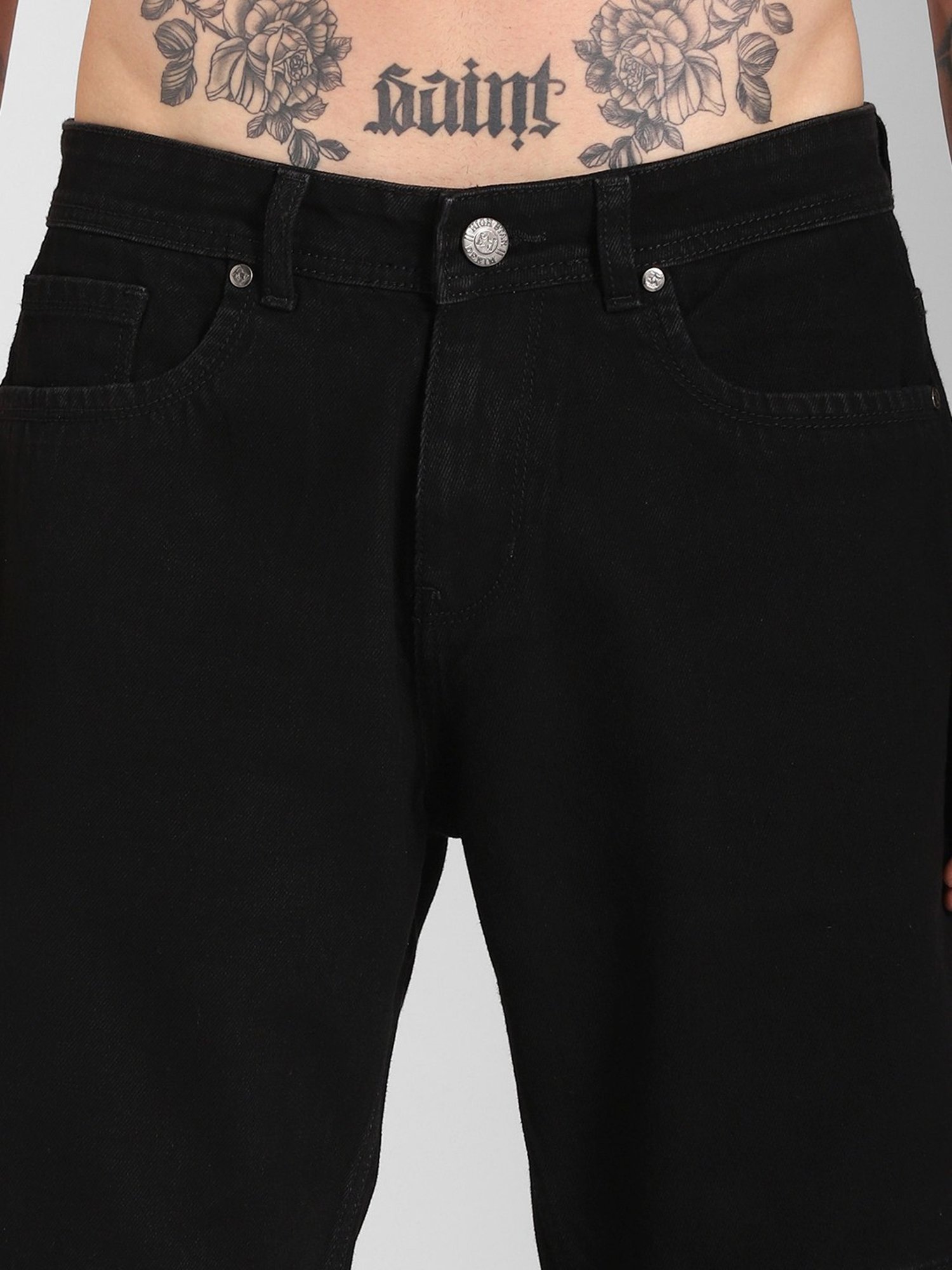 High Star Black Cotton Regular Fit Denim Shorts