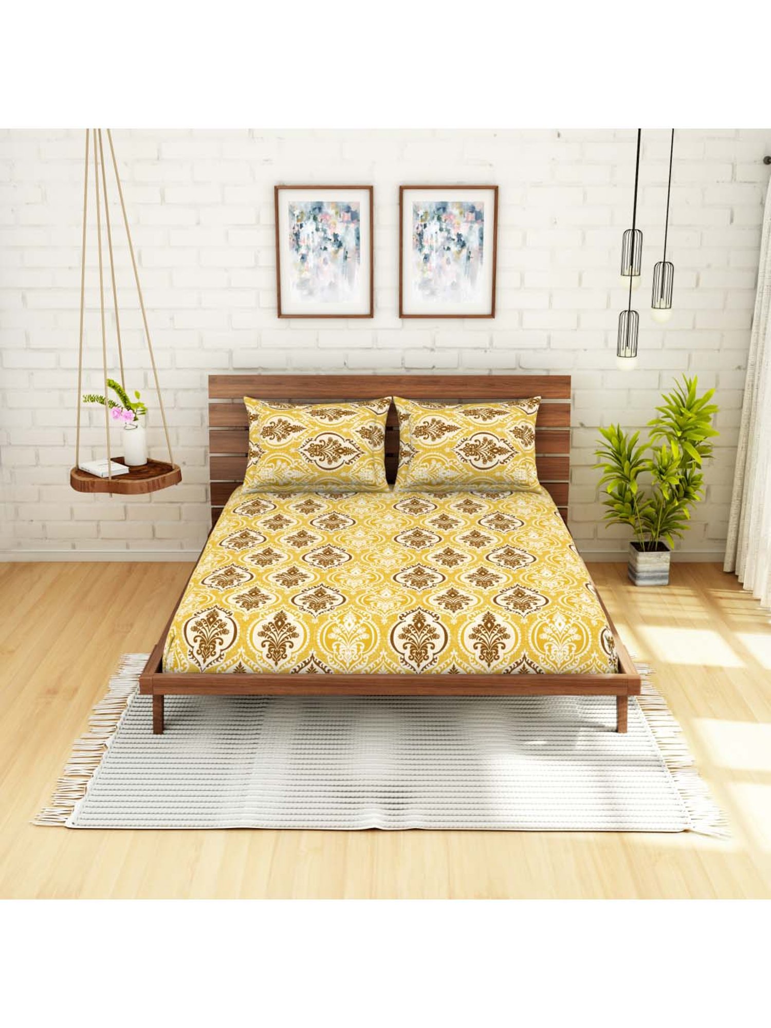 SWHF Yellow & Brown Cotton 108 TC Double Bedsheet Sets