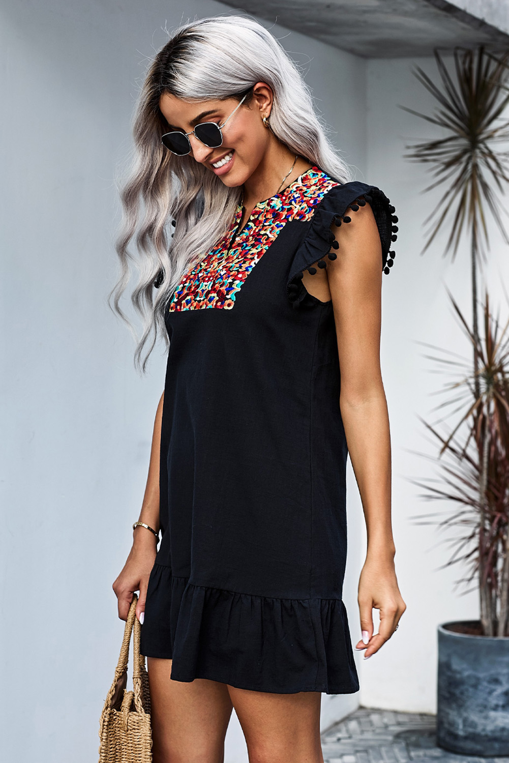 Black Pom Pom A Line Ruffled Sleeveless Short Dress