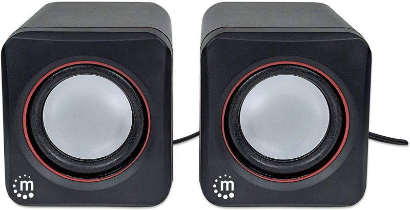 Manhattan USB Stereo Speaker System with 3.5 mm Audio Plugs to Connect to a Laptop, Notebook or Desktop Computer, Volume Controller, Black with Orange Highlights