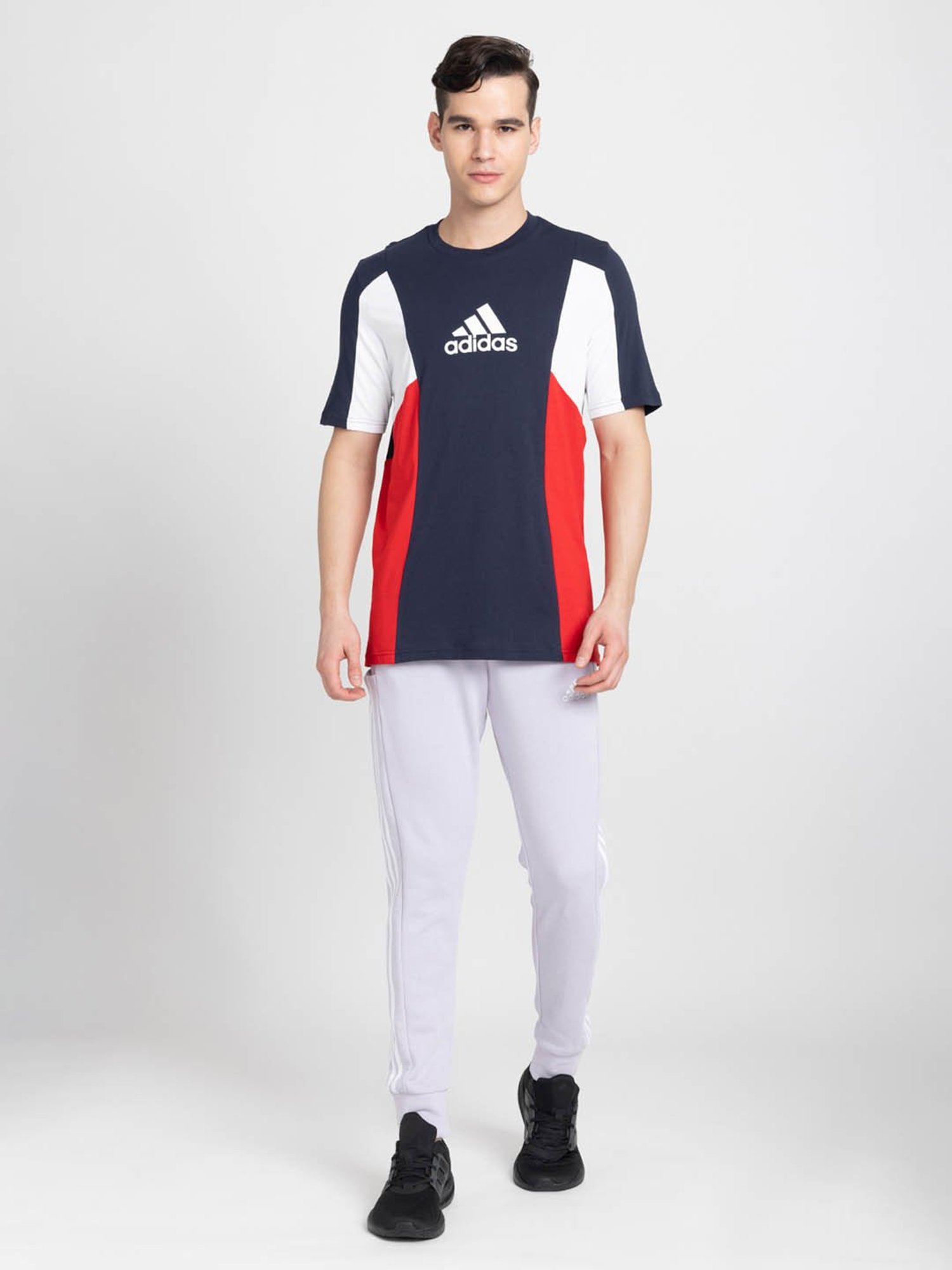Adidas Black Cotton Regular Fit Colour Block Sports T-Shirt