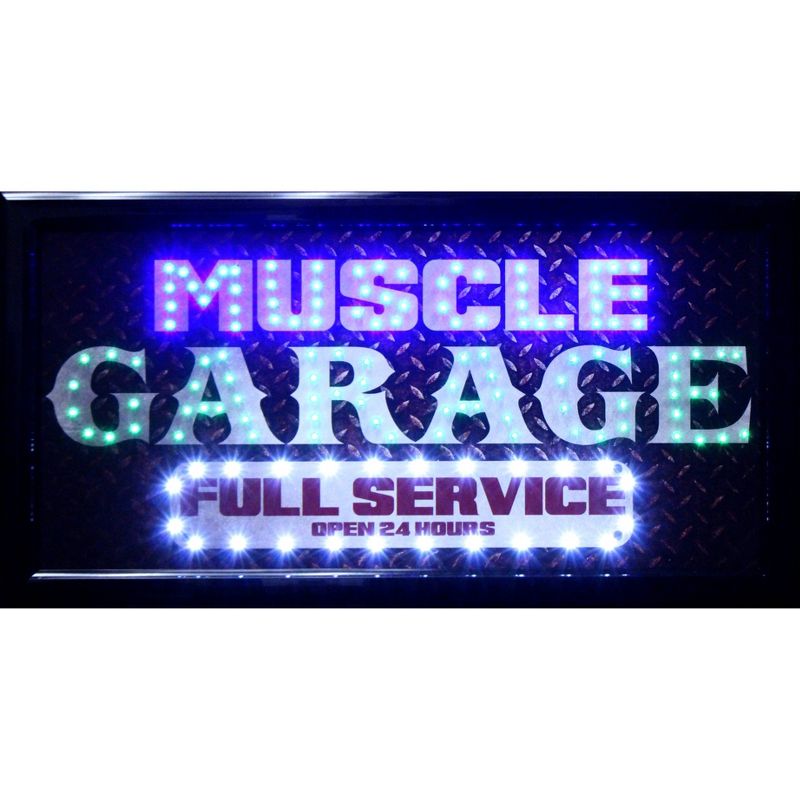 Muscle Garage Full Service Open 24 Hours Framed LED Sign Gray/Brown - Crystal Art Gallery