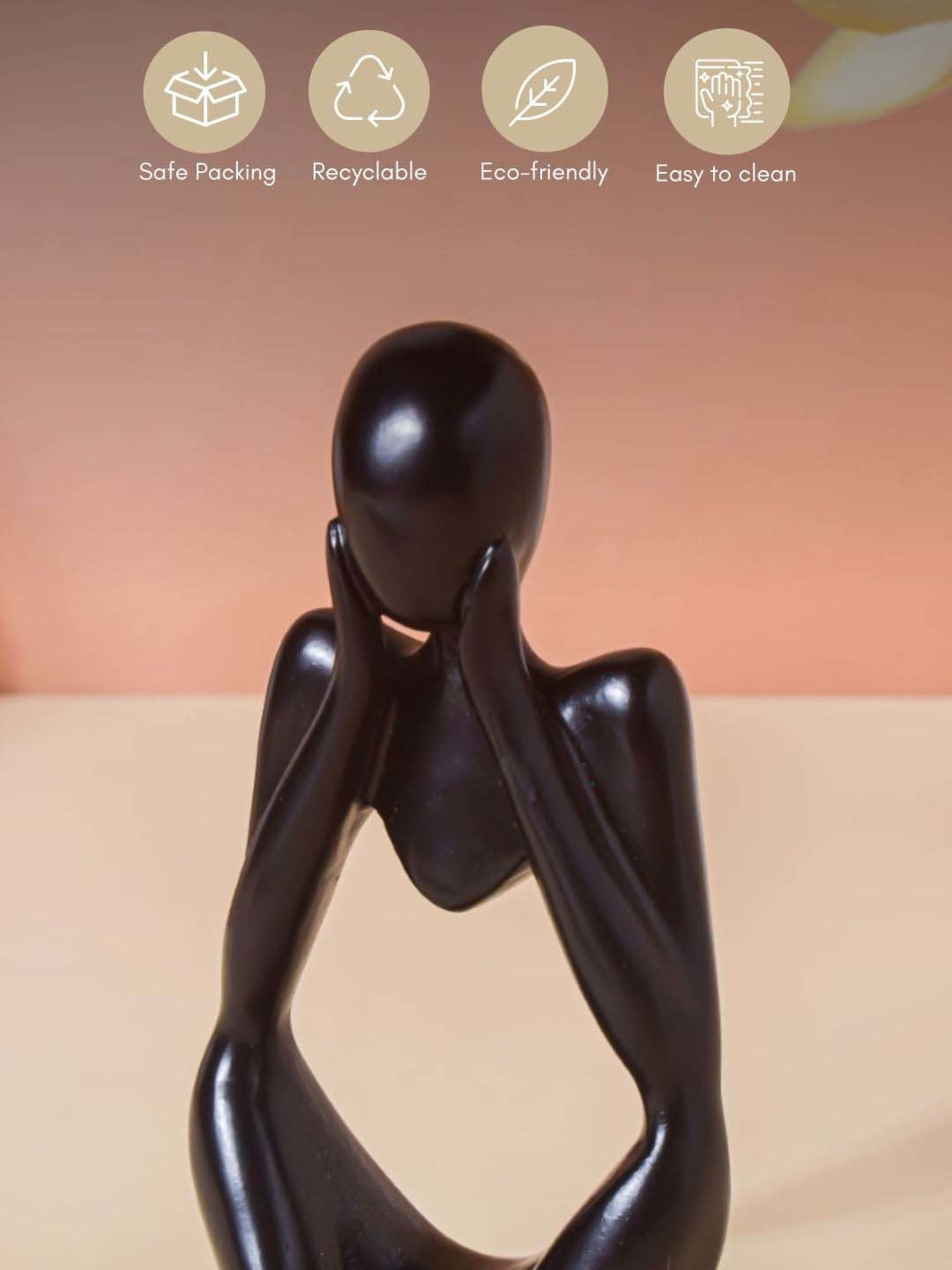 Nestasia Black Resin Smooth Finish both hand Thinking Human Sculptures for Decoration (5.1 Inch)