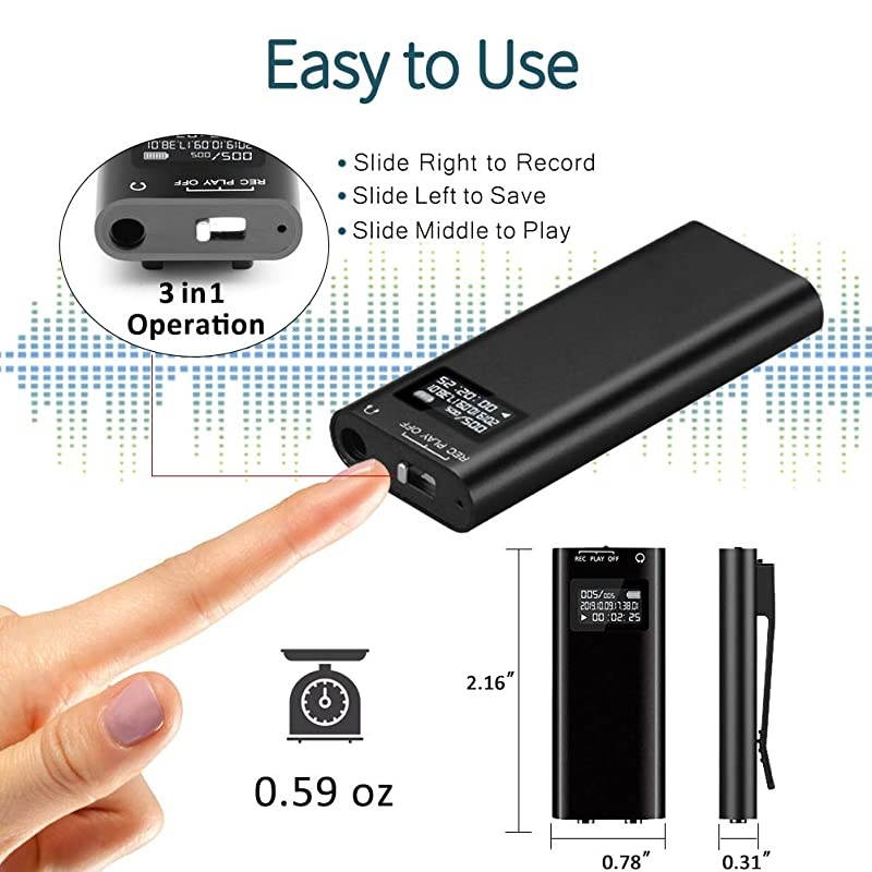 Mini Voice Recorder,  32GB Voice Activated Recorder, 2400 Hours Recordings Capacity, 26 Hours Battery Life, Audio Sound Recording Device for Lectures, Meetings - Strong Magnet, Back Clip