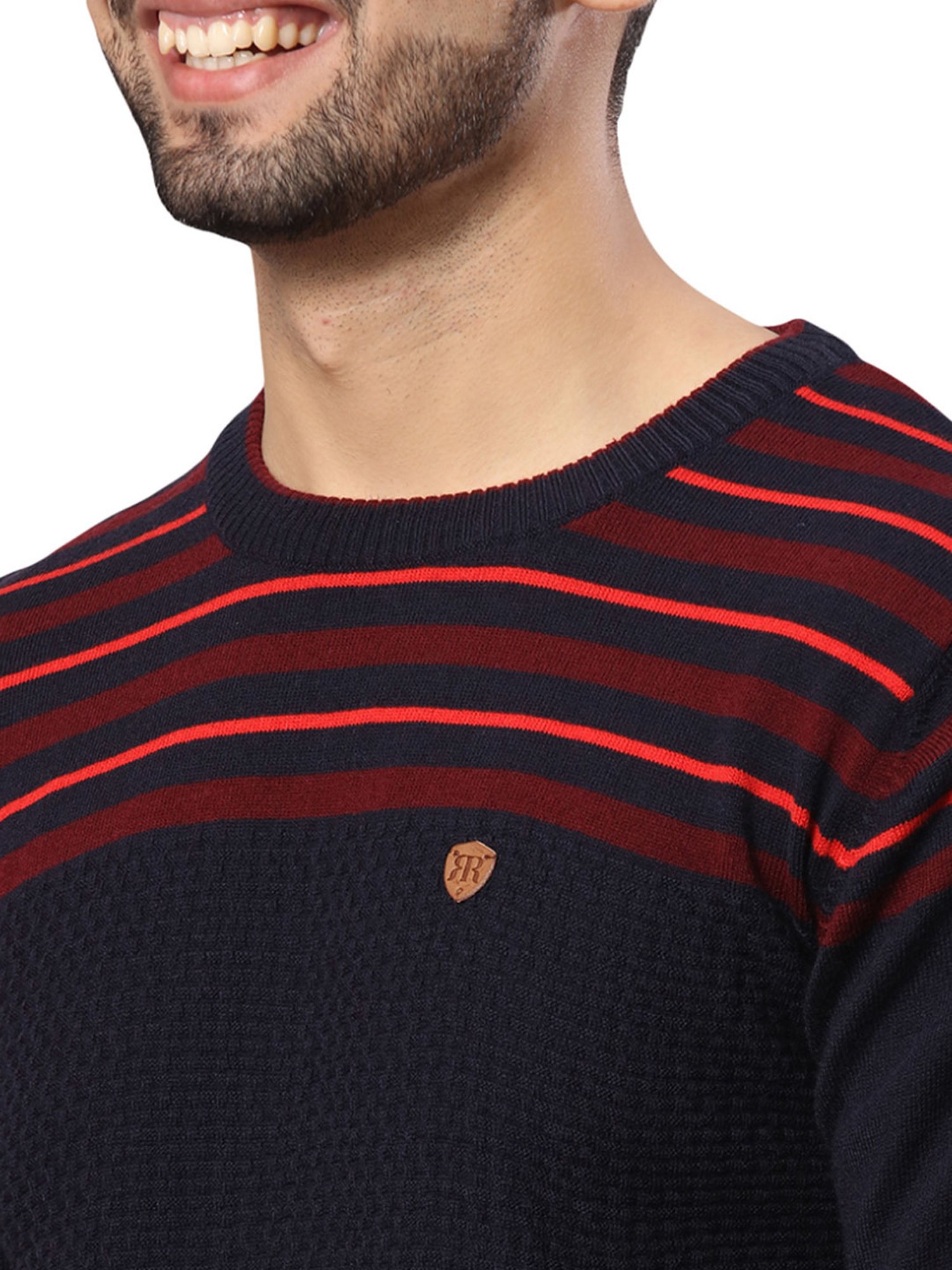 Raymond Black & Red Regular Fit Striped Sweater