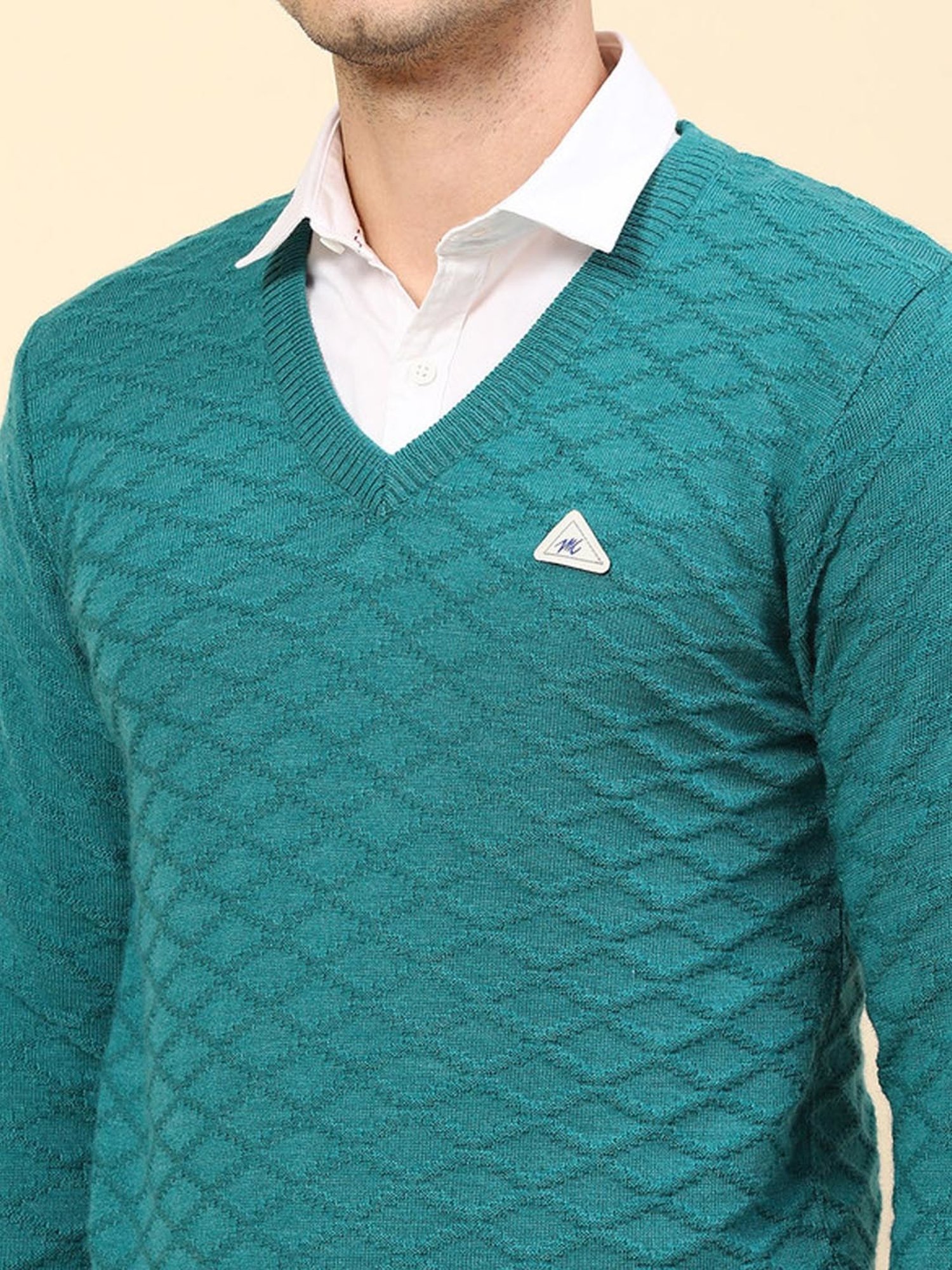 Monte Carlo Sea Green Regular Fit Self Pattern Pullover