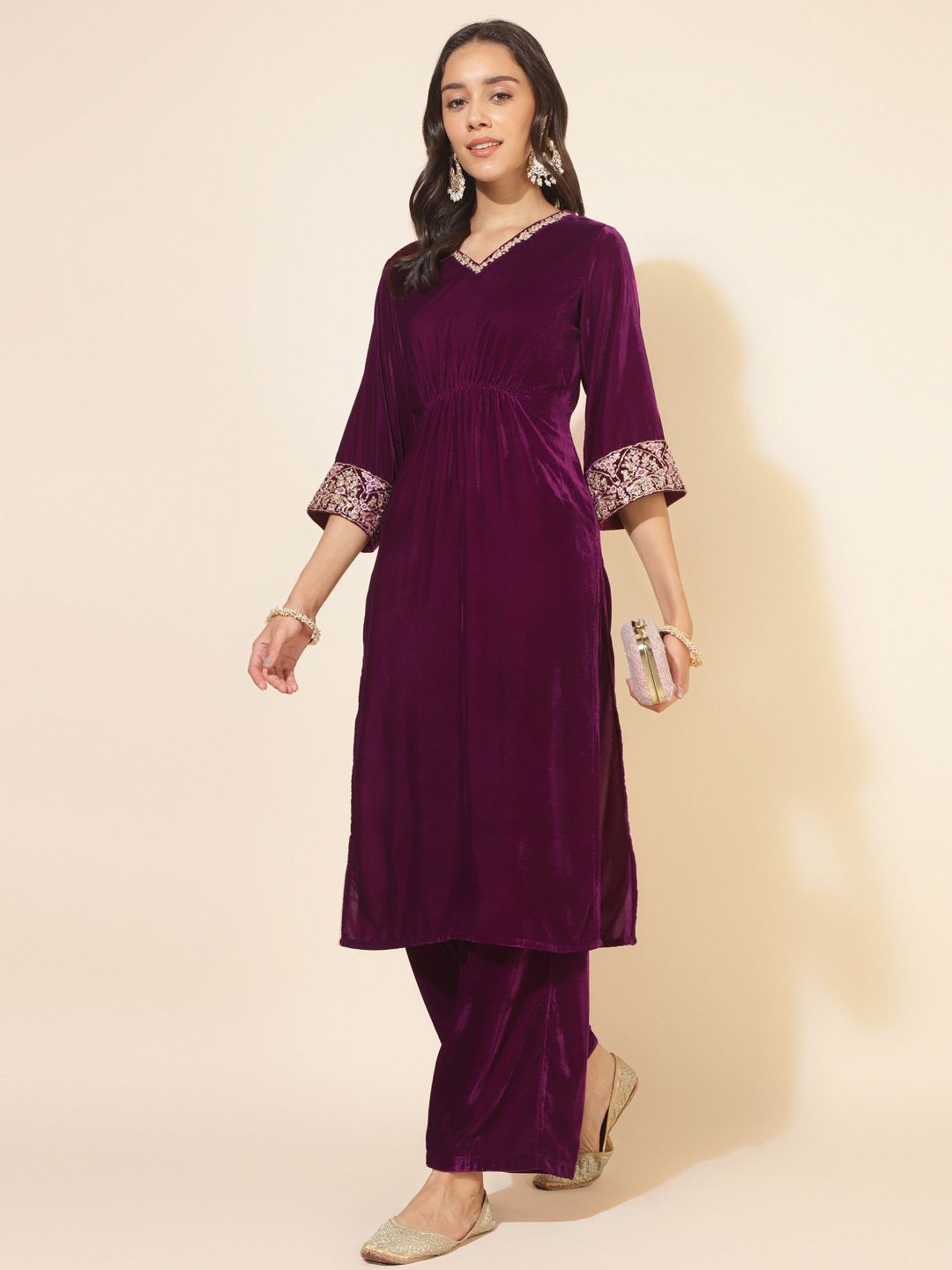 Janasya Purple Embroidered Kurta Palazzo Set