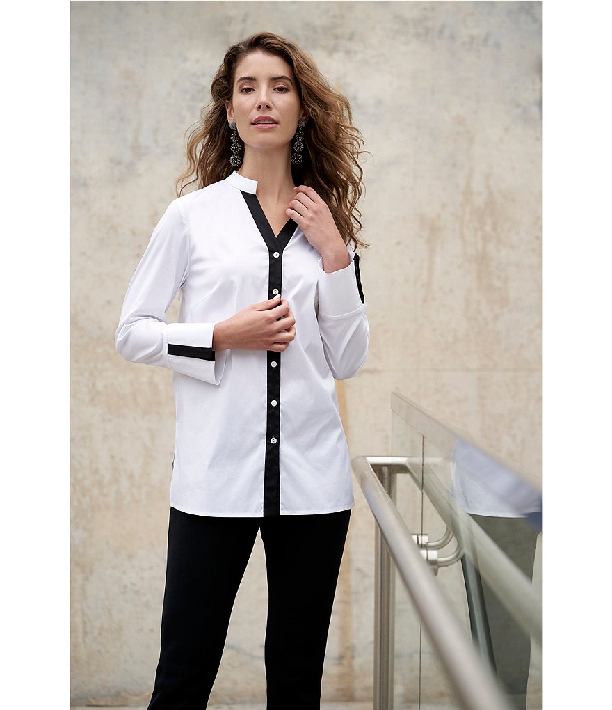 Ming Wang Stretch Cotton Poplin Contrast Trim Mandarin V-Neck Collar Long Cuff Sleeve Shirt
