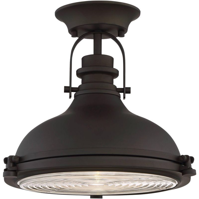 Possini Euro Design Industrial Ceiling Light Semi Flush Mount Fixture Bronze 11 3/4" Wide Clear Ribbed Glass for Bedroom Kitchen