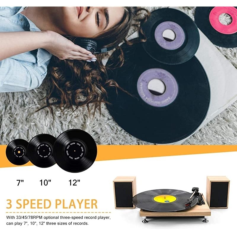 Record Player with Powerful External Speakers 3 Speed BeltDriven Wooden Vintage Turntable for Entertainment and Home Decoration