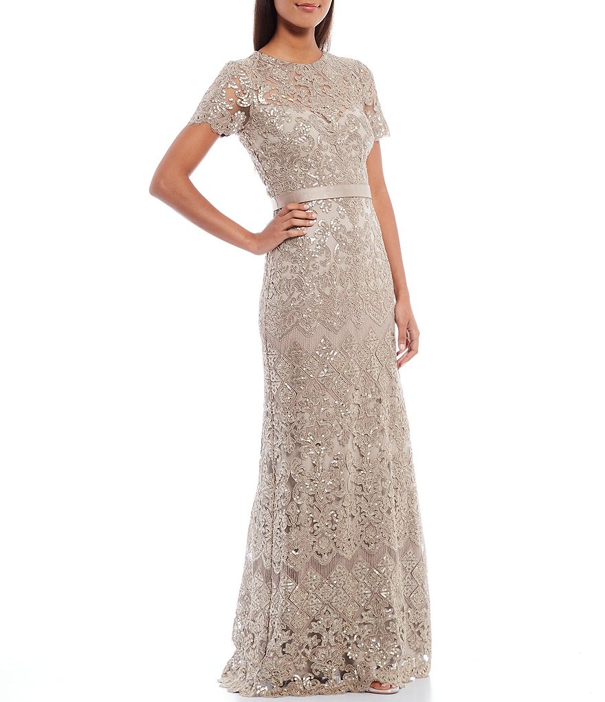 Tadashi Shoji Illusion Crew Neck Short Sleeve Ribbon Waist Sequin Lace Gown