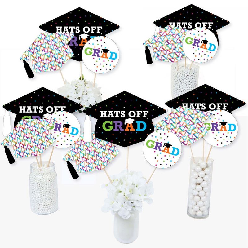 Big Dot of Happiness Hats Off Grad - Graduation Party Centerpiece Sticks - Table Toppers - Set of 15
