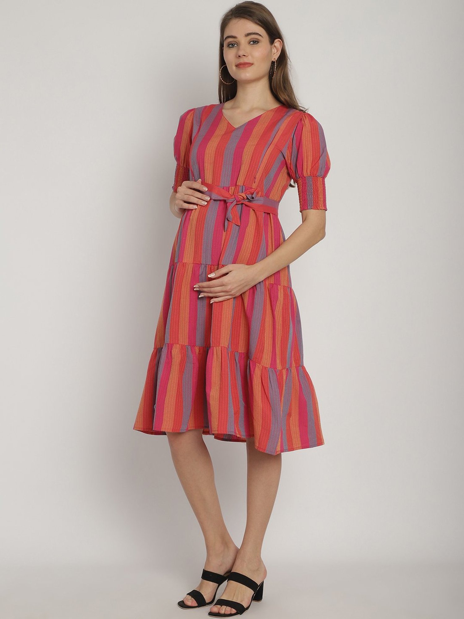 Moms Maternity Multicolor Striped Maternity Midi Dress