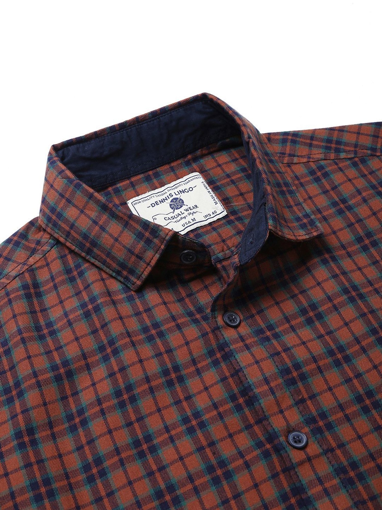 Dennis Lingo Brown & Navy Cotton Slim Fit Checks Shirt