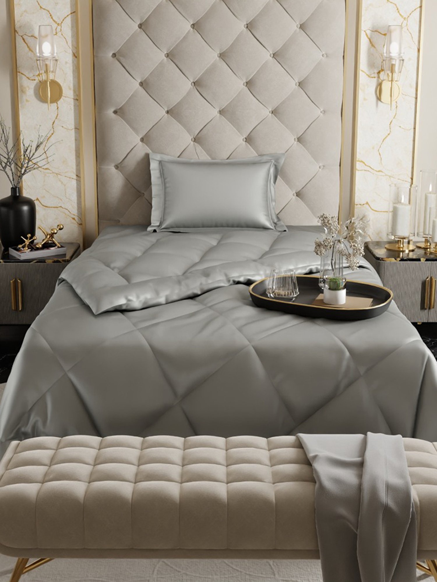 Stoa Paris Date Night Grey 150 GSM Poly Satin Single Ultra Silky Soft Comforter