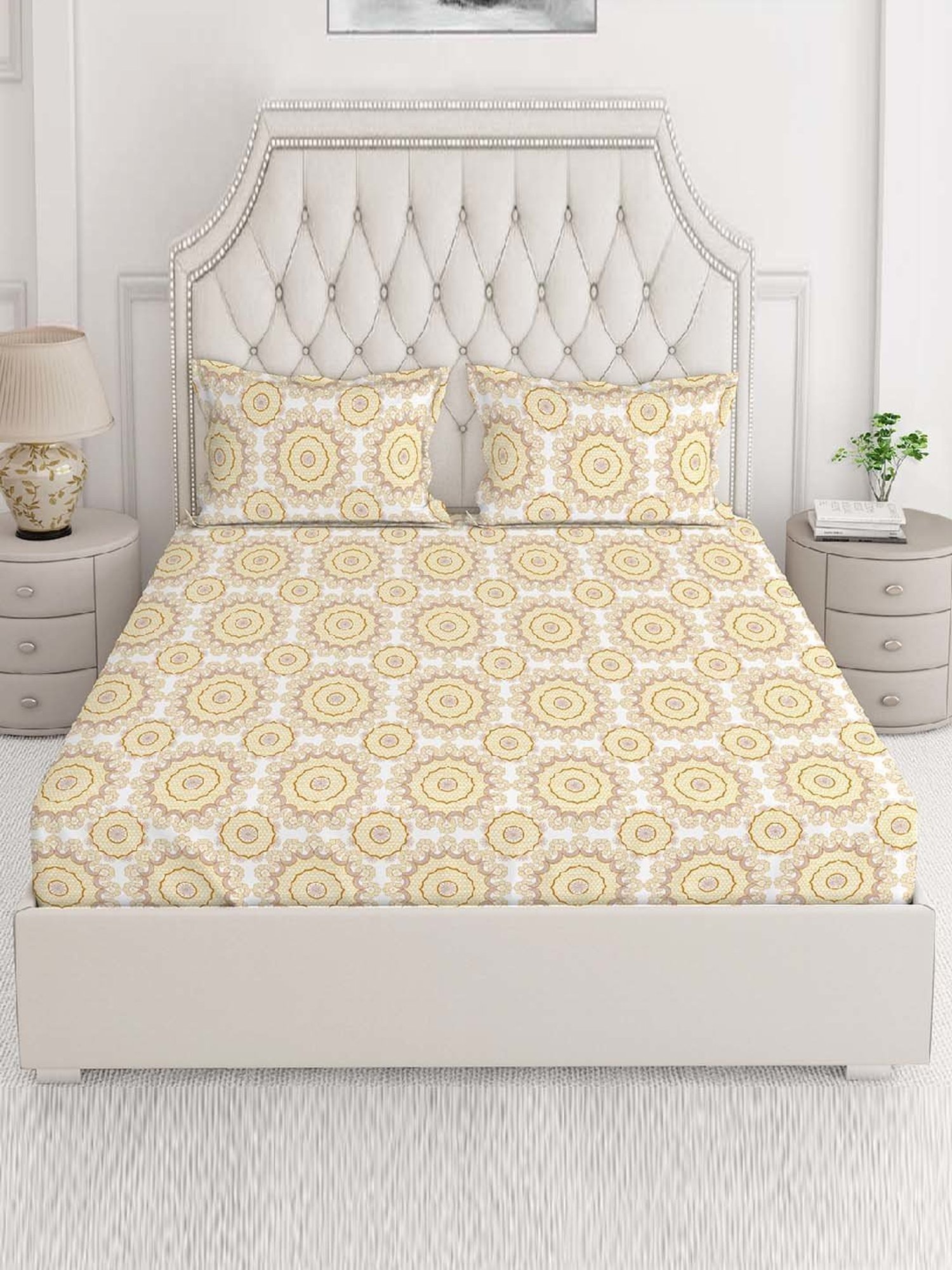 Layers Firenze Yellow Cotton 144 TC King Flat Bed Sheet With 2 Pillow Covers