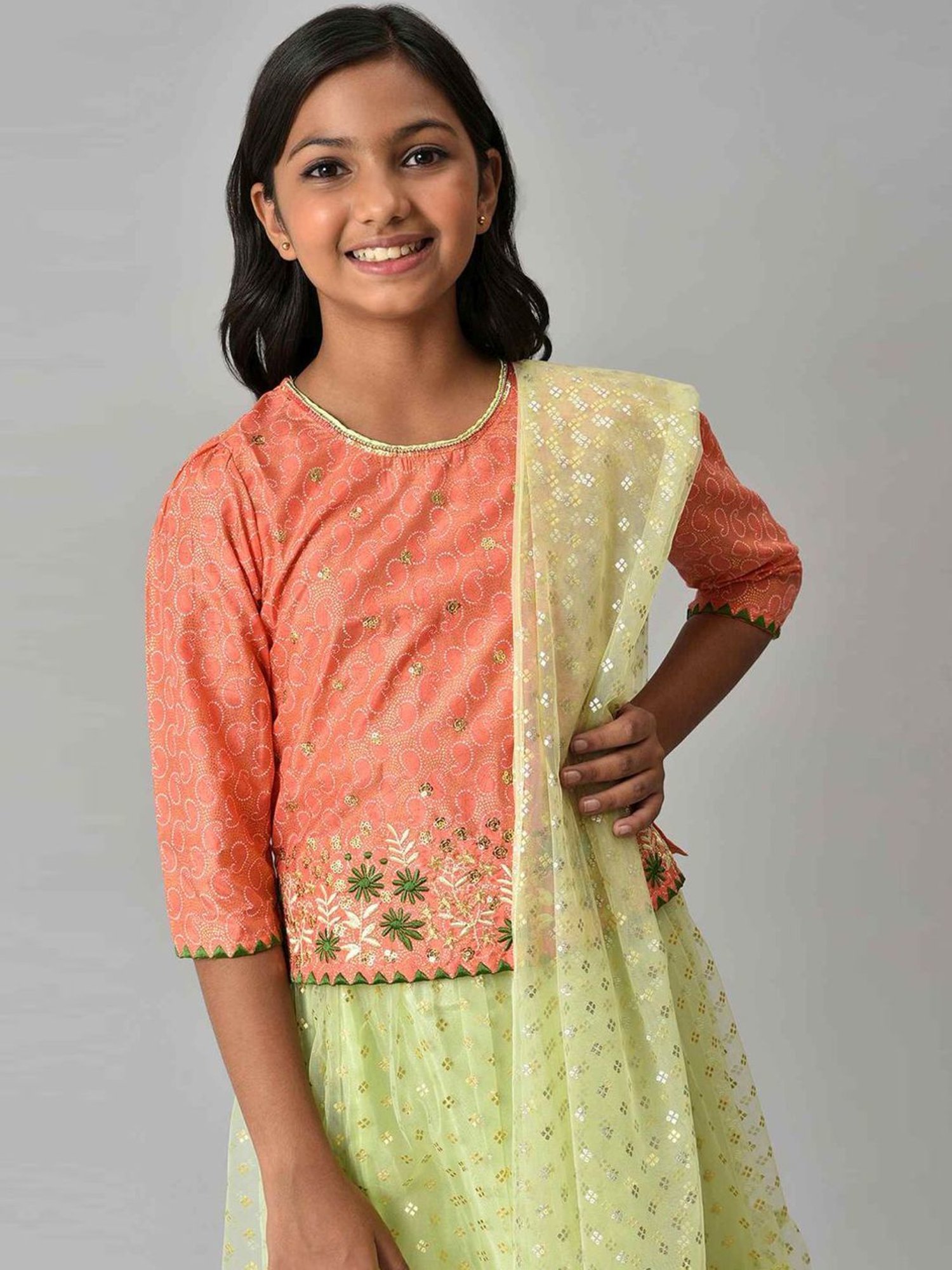 Aurelia Kids Orange & Green Printed Top Set