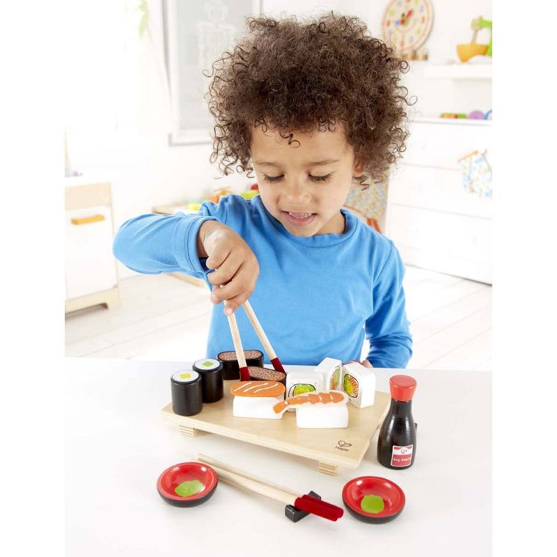 Hape E3130 Sushi Selection Kids Wooden Pretend Kitchen Play Food and Accessories Set with Sushi Rolls, Chopsticks, Bowls, Soy Sauce, and Serving Board