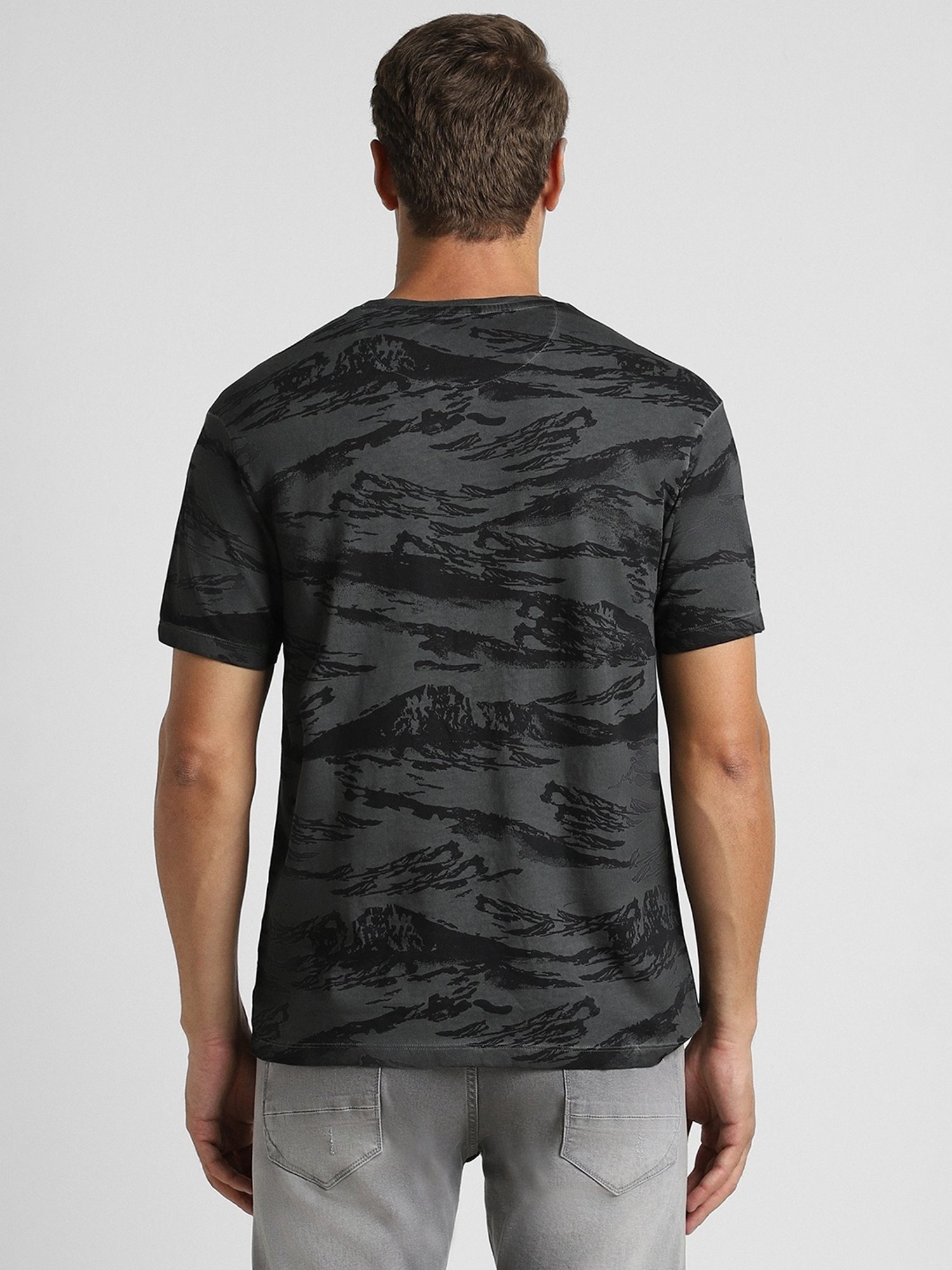 Peter England Grey Cotton Regular Fit Printed T-Shirt