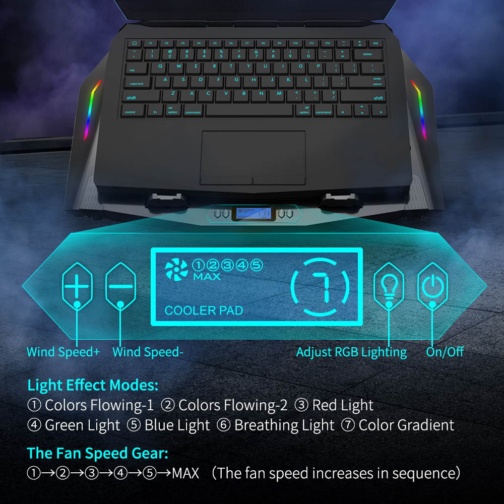 ICE COOREL RGB Laptop Cooling Pad Wing Cooler,Laptop Cooling Stand with Compatible 14-21"Laptop,2 Fans Strong Wind 5Stand Height Adjustable,LCD Screen ,Rainbow Lights,Two USB Ports and One Phone Stand