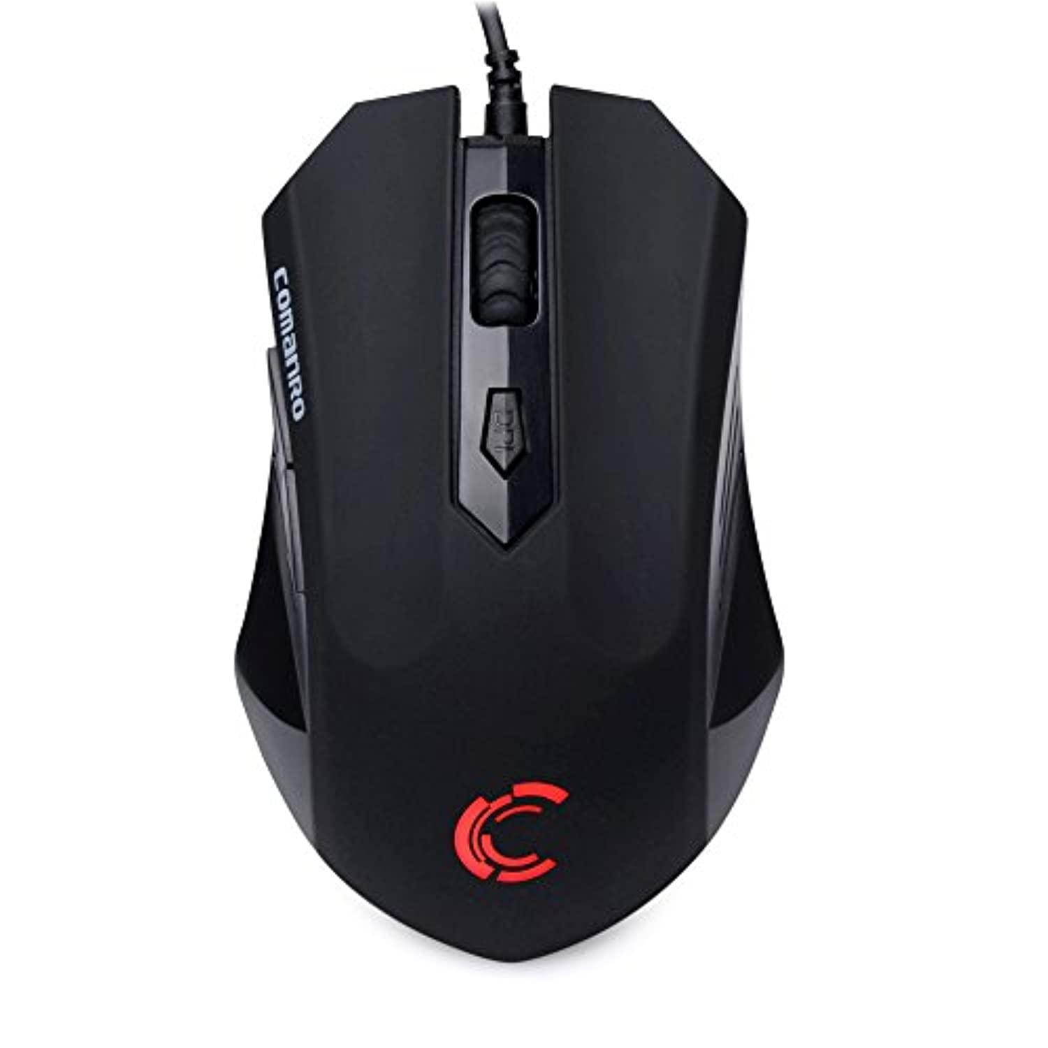 comanro dm003 usb wired optical 4 led (red, yellow, purple, white) indicator light rubber cover 6-button gaming mouse with 4 level dpi(800 1200 1600 2400) , black